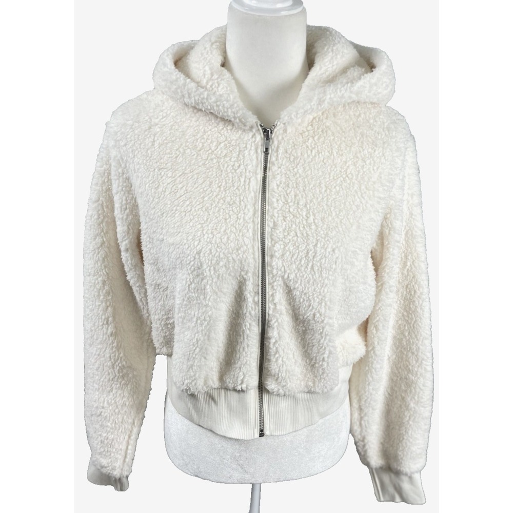 H&M Divided Women's Size Medium Ivory Teddy Fleece  Full Zip‎ Hooded Jacket Crop